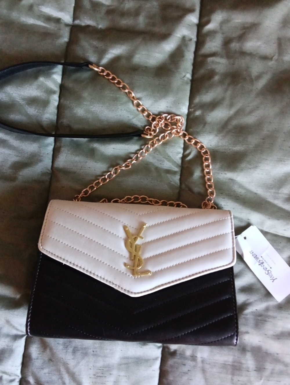 Yves Saint Laurent Two-Tone Quilted Crossbody Bag in White, Black and Gold